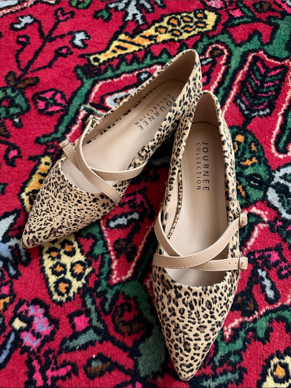 NWOT Journee Collection Leopard-Print Pointed Flats in Beige and Black